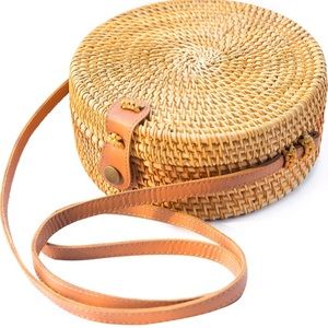 Round Rattan Crossbody Bag Handcrafted Genuine Leather Strap Purse
